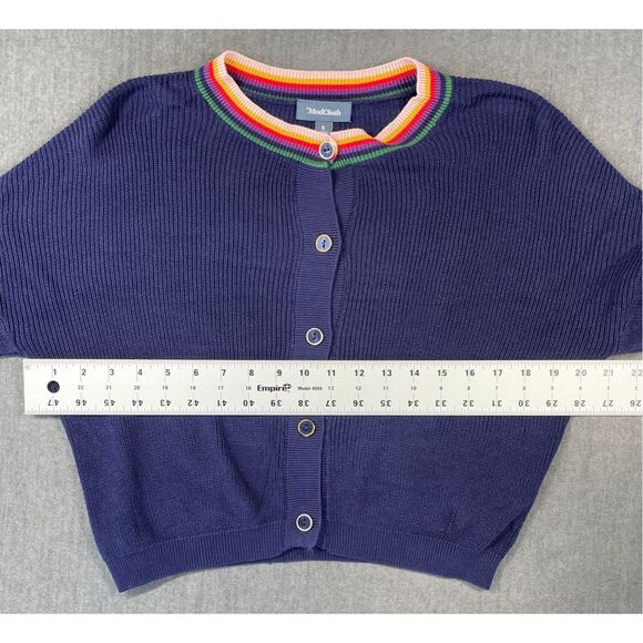 ModCloth Cardigan Womens S Navy Rainbow Trim Button Front Cropped Sweater Casual - Picture 5 of 8